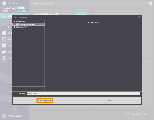 How do you export and import Quantum configurations?