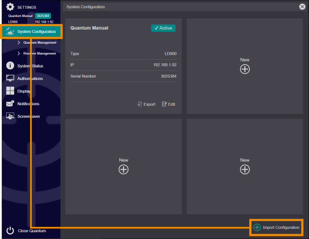 How do you export and import Quantum configurations?