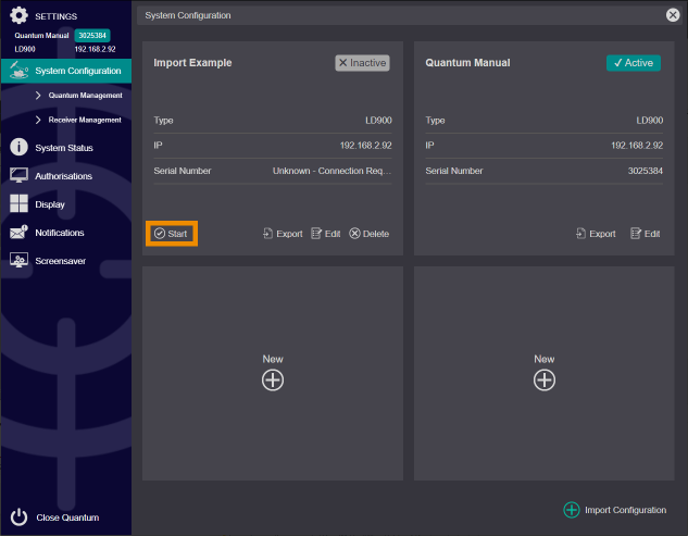 How do you export and import Quantum configurations?